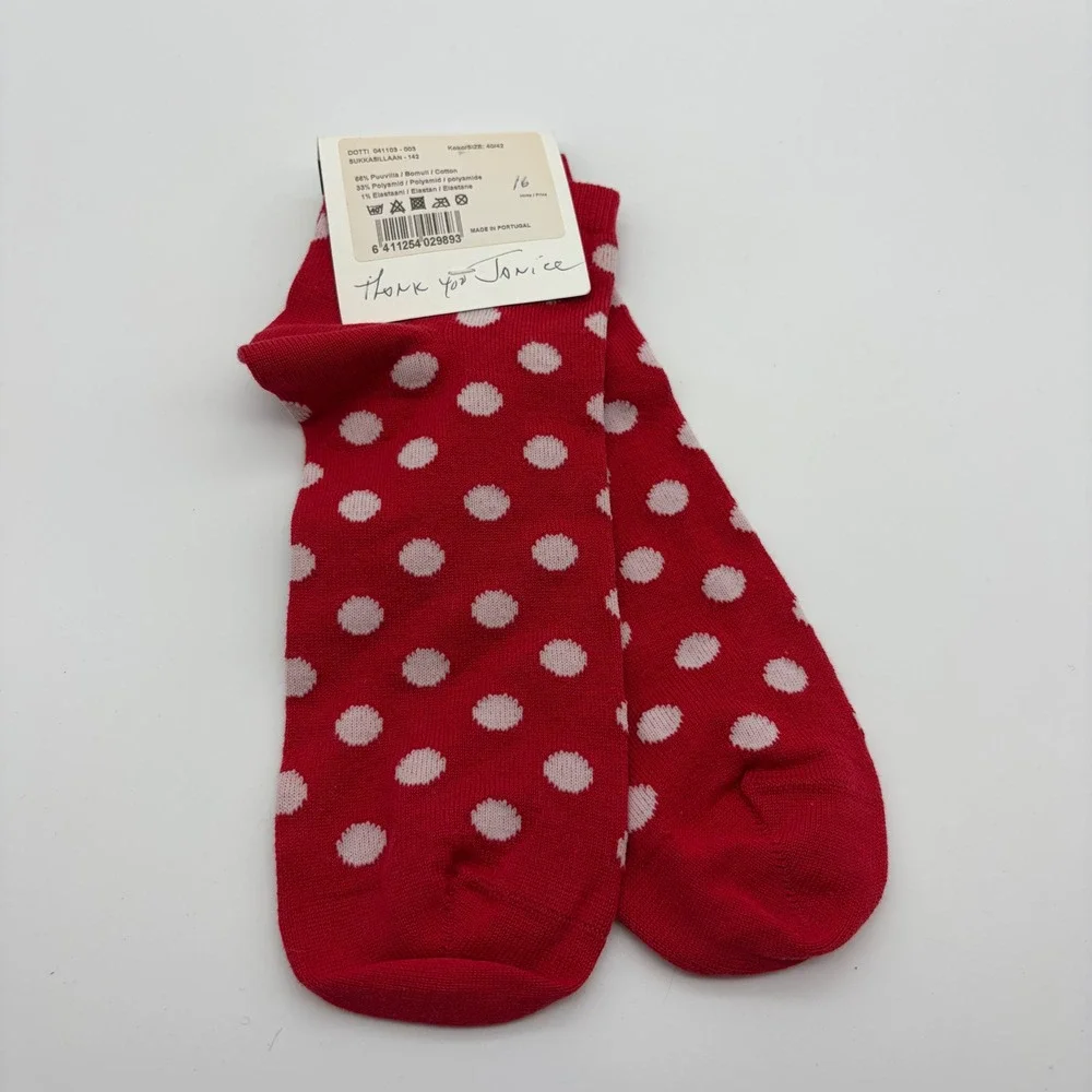 Marimekko Dotti Red Pink Polka Dot Ankle Socks Cotton Blend Size 40/42 Portugal